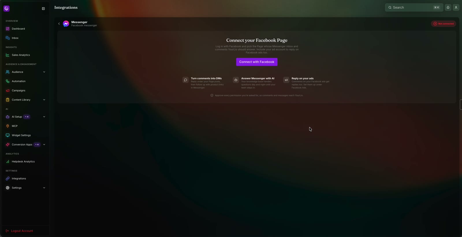 The Messenger integration page with the Connect with Facebook button