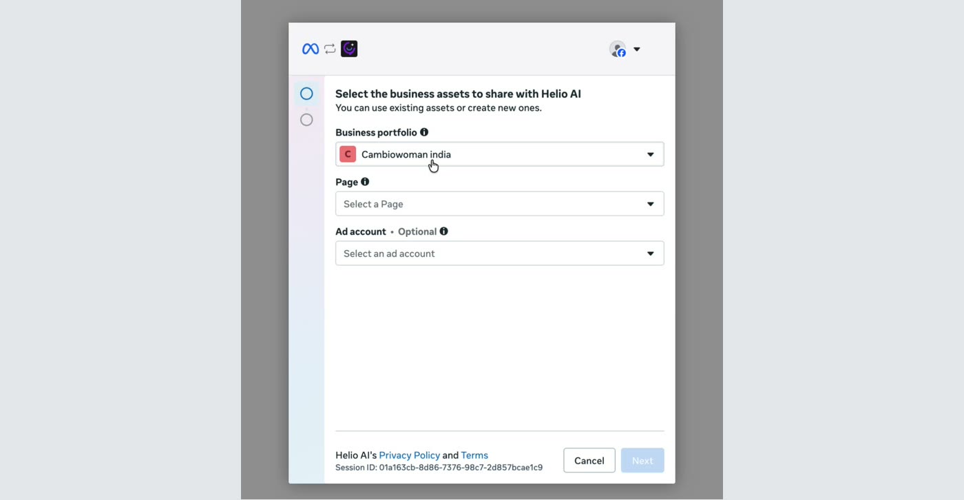 Meta's "Select the business assets to share" screen with the Business portfolio dropdown