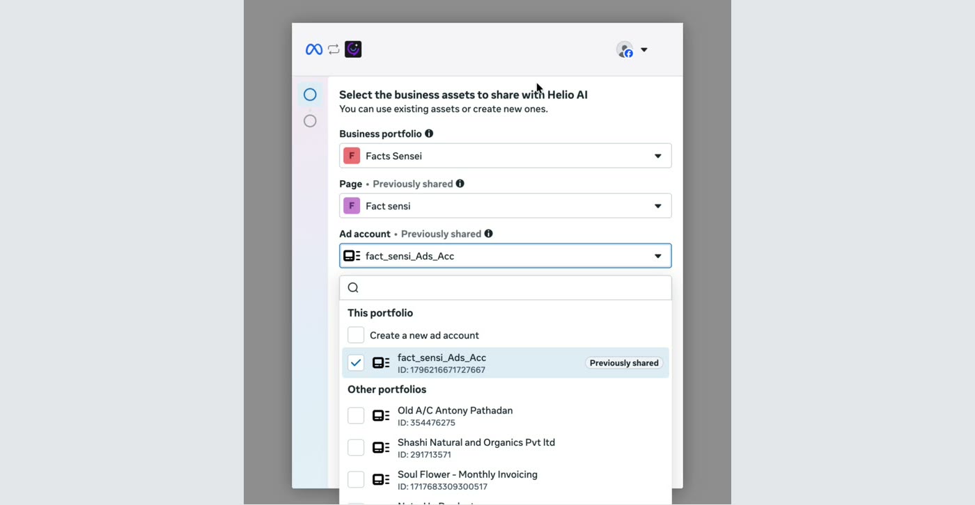 The Ad account dropdown with an ad account selected