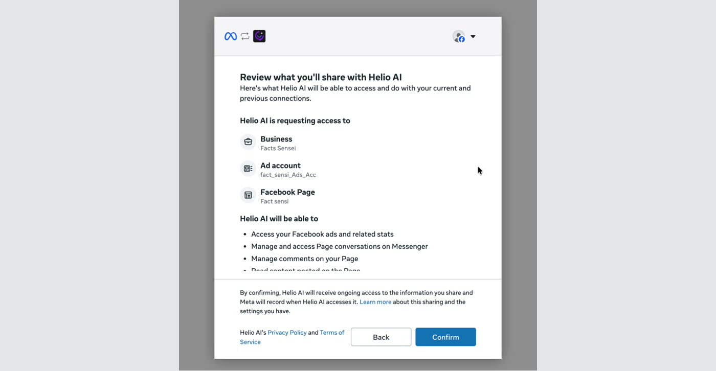Meta's review screen listing the business, ad account, and Facebook Page