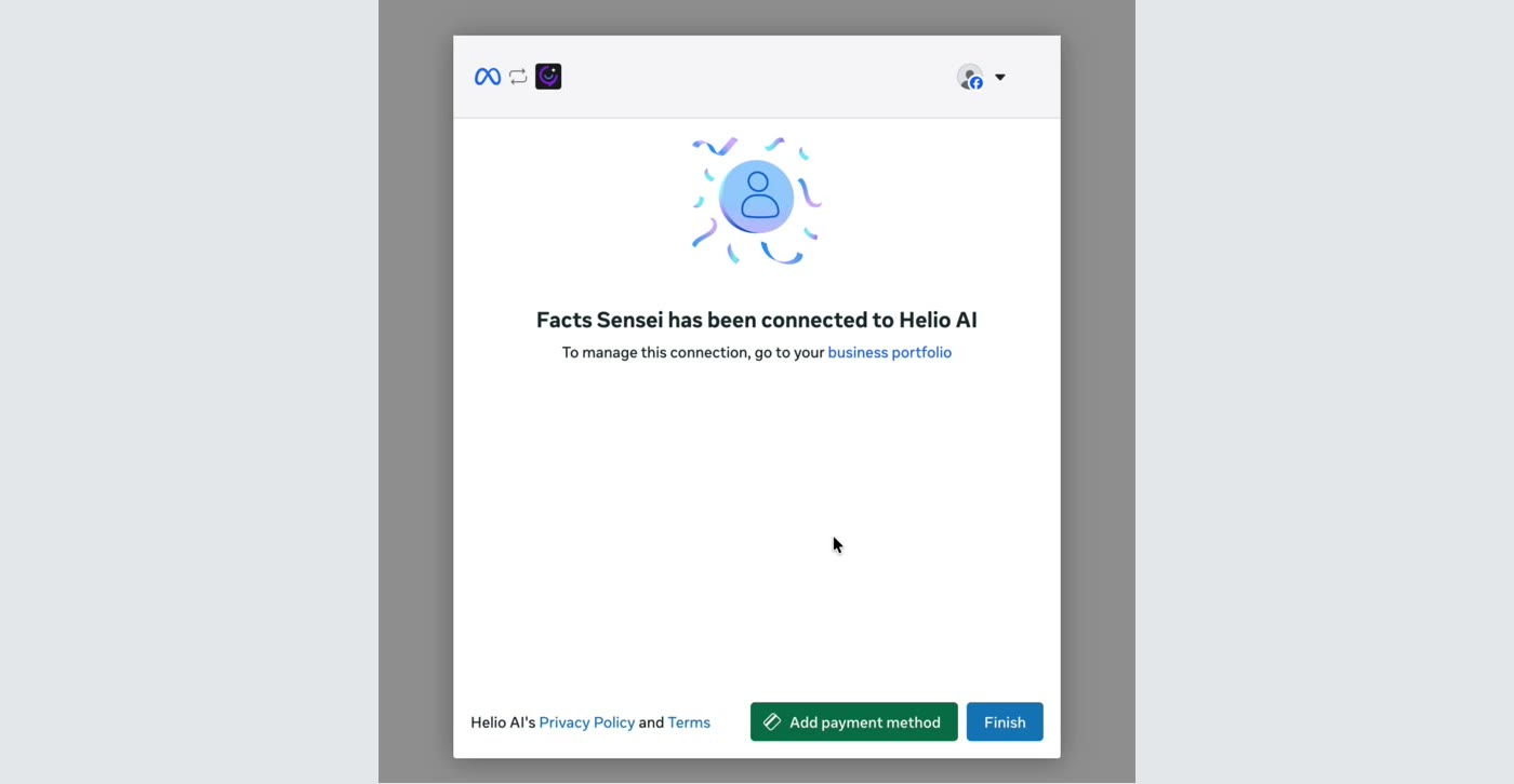 Meta's confirmation screen with the Finish button