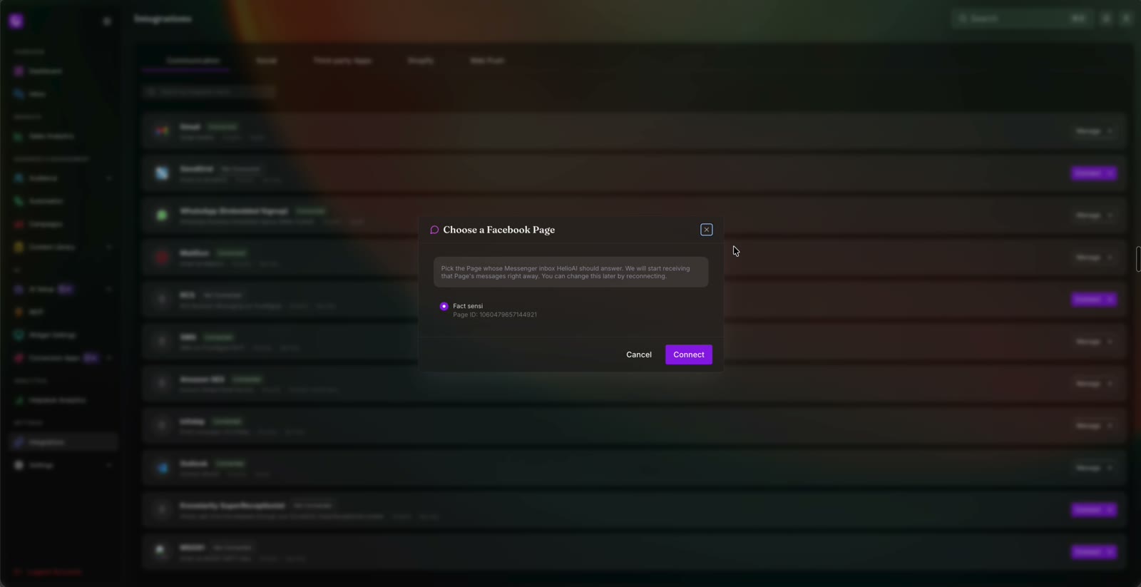 The Choose a Facebook Page window in YourLio