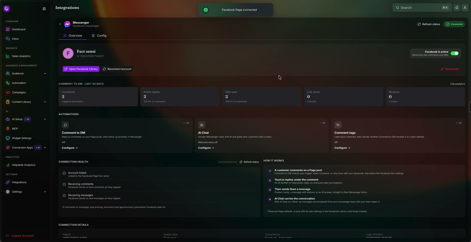 The connected Messenger overview, showing the Page, automations, and connection health
