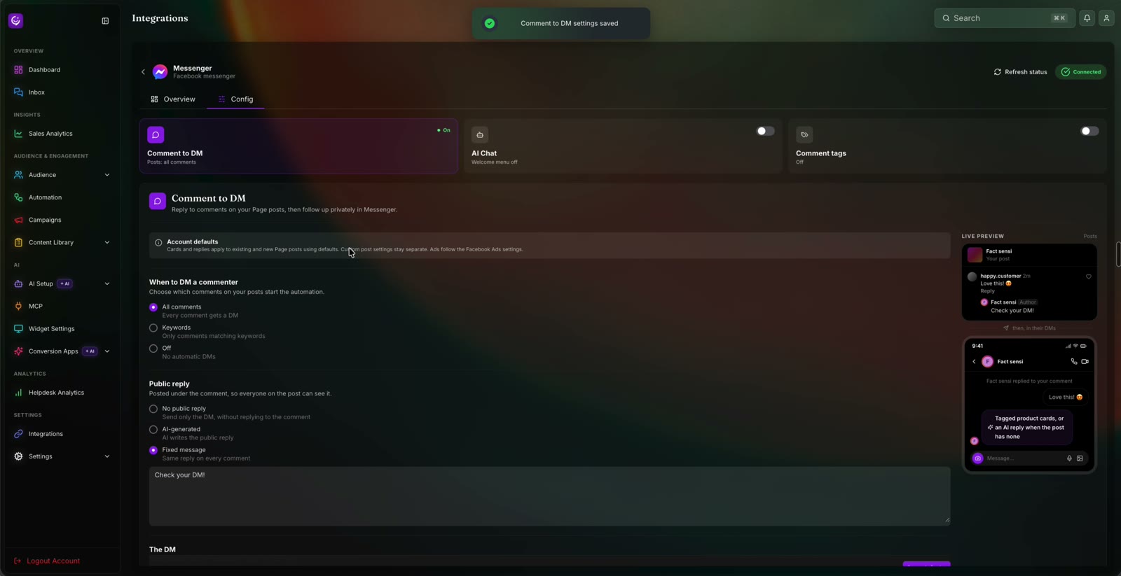 The Comment to DM settings with trigger, public reply, and DM options and a live preview