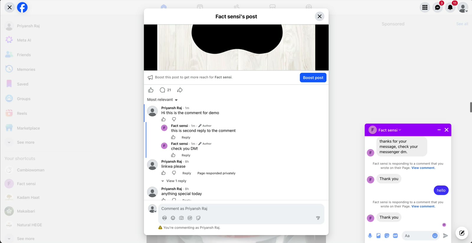 A Page post with YourLio's public reply under a comment, and the Messenger DM it sent